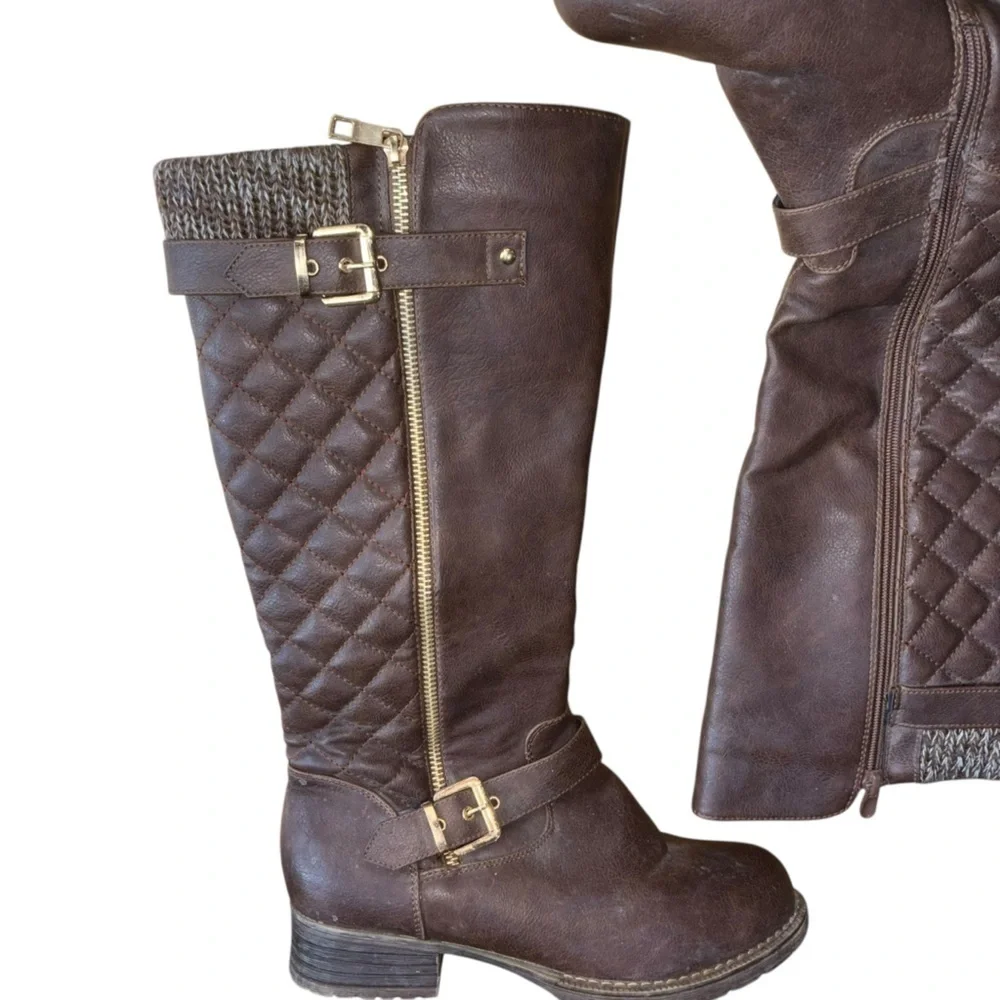 Knee High Brown Quilted Knit Riding Boots Women’s 7.5 Gold Buckle Zipper Accent - Picture 3 of 16